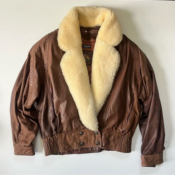 Vintage 70’s brown genuine leather shearling biker motorbike bomber  jacket M - Picture 3 of 16